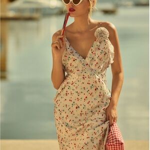 Bardot Asymmetrical Floral Dress - Cream and Red
